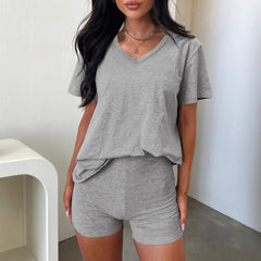 V-neck Fashion Solid Color Casual Fashion Shorts Suit Women