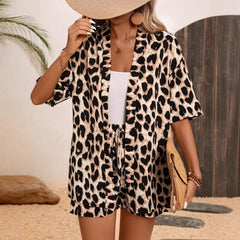 Summer Women's Retro Leopard Print Shirt And Shorts Casual Vacation Beach Two-piece Set