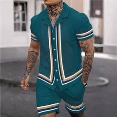 Fashion Men's Cuban Collar Shirt Two-piece Set